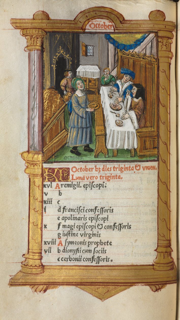 Tryckt timbok (användning av Rom): fol. 11v, kalenderblad för oktober av Guillaume Le Rouge