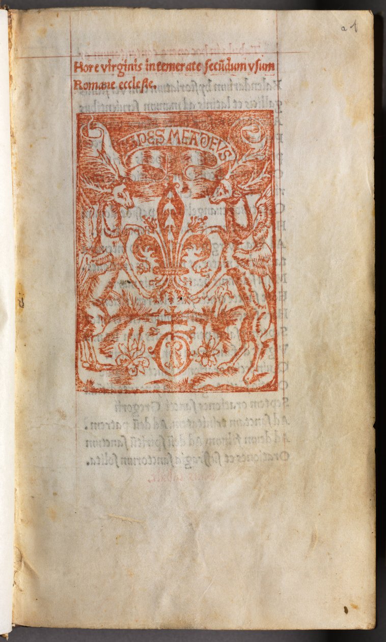 Tryckt timbok (Roms bruk): fol. 1r, tryckeriets märke av Guillaume Le Rouge