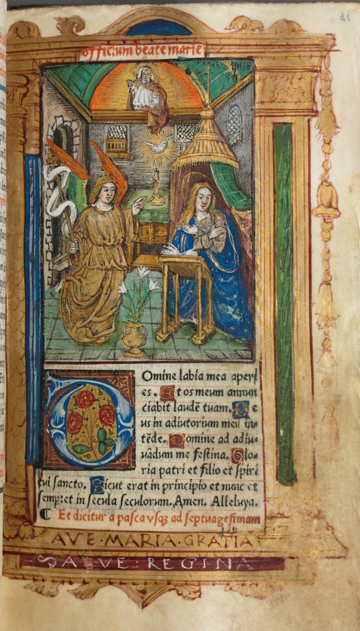 Tryckt timbok (användning i Rom): fol. 25r, Bebådelsen av Guillaume Le Rouge
