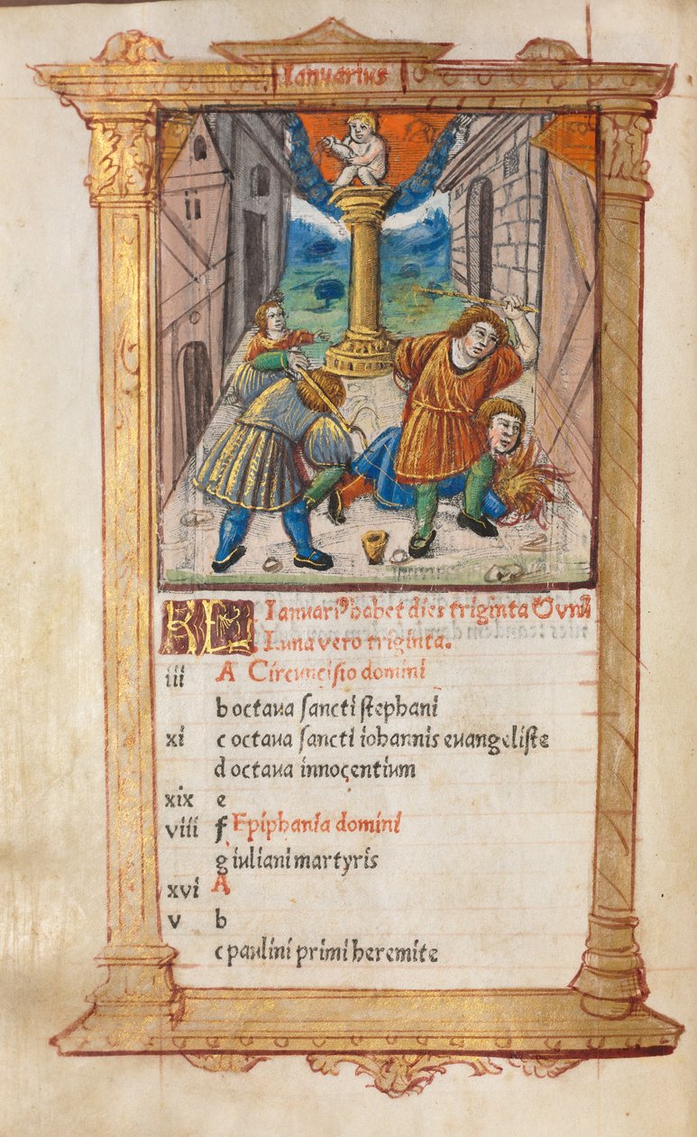 Tryckt timbok (användning av Rom): fol. 2v, illustration av januarikalender av Guillaume Le Rouge