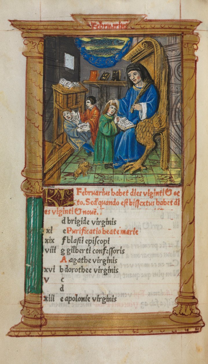 Tryckt timbok (användning av Rom): fol. 3v, illustration av februarikalender av Guillaume Le Rouge