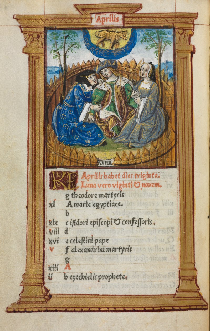 Tryckt timbok (användning av Rom): fol. 5v, illustration av aprilkalender av Guillaume Le Rouge