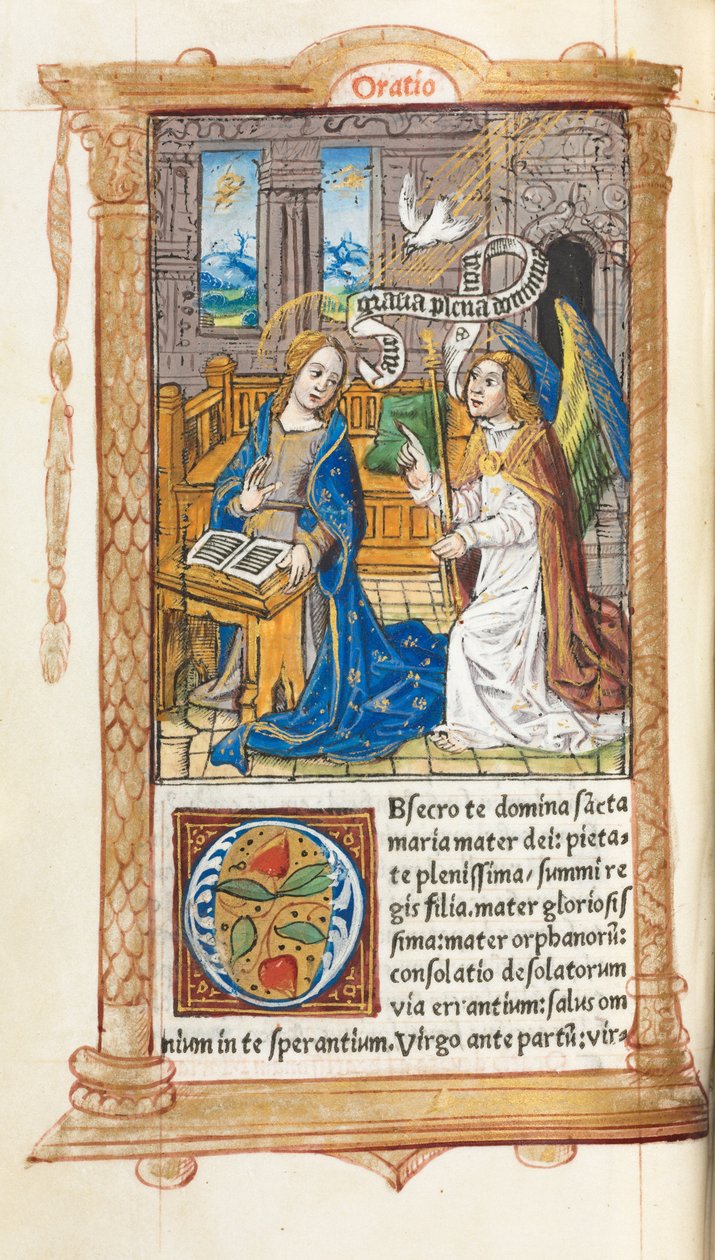 Tryckt timbok (användning i Rom): fol. 60v, Bebådelsen av Guillaume Le Rouge