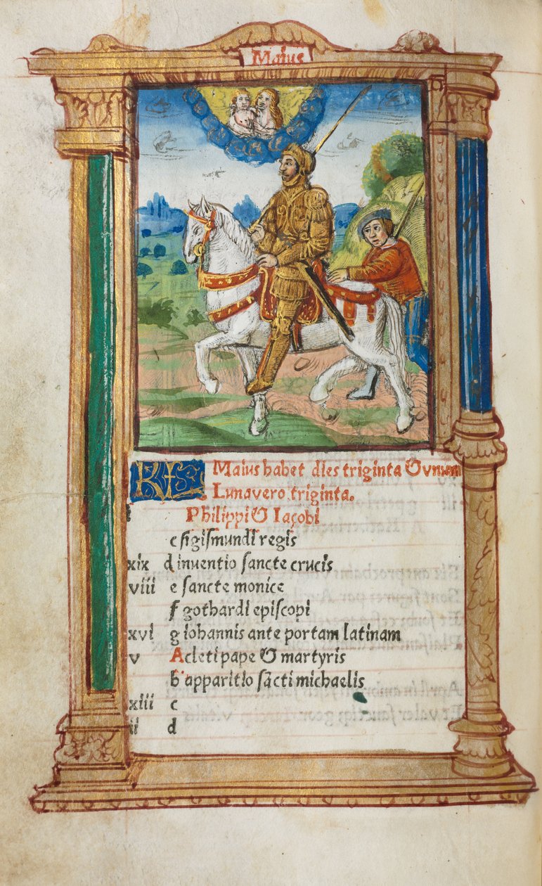 Tryckt timbok (användning av Rom): fol. 6v, illustration av majkalender av Guillaume Le Rouge
