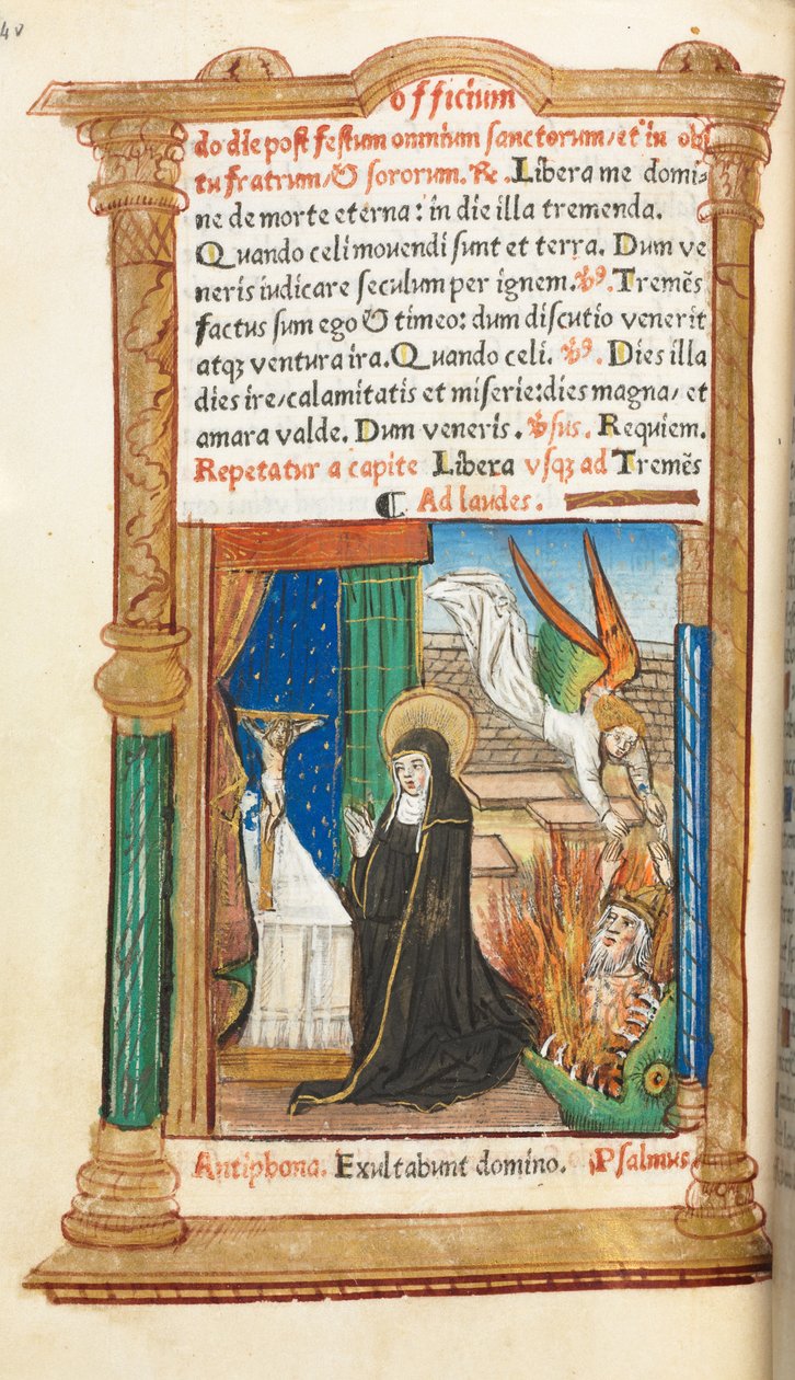 Tryckt timbok (Roms bruk): fol. 84v, dominikansk nunna i bön av Guillaume Le Rouge