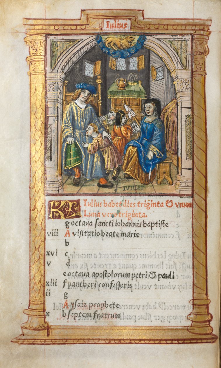 Tryckt timbok (användning av Rom): fol. 8v, illustration av juli-kalender av Guillaume Le Rouge