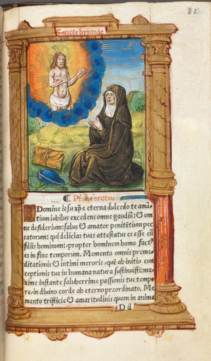 Tryckt timbok (Roms bruk): fol. 90r, Heliga Birgitta i bön inför en uppenbarelse av Kristus av Guillaume Le Rouge