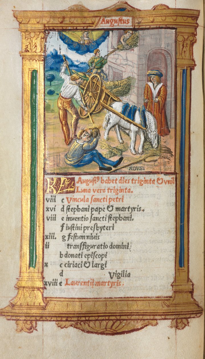 Tryckt timbok (användning av Rom): fol. 9v, illustration av augustikalender av Guillaume Le Rouge