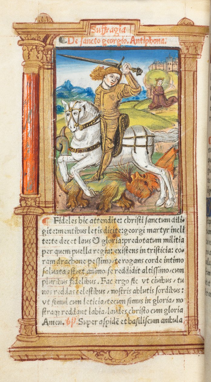 Tryckt timbok Användning av Rom: fol. 103v, St George Slaying the Dragon, 1510. av Guillaume Le Rouge