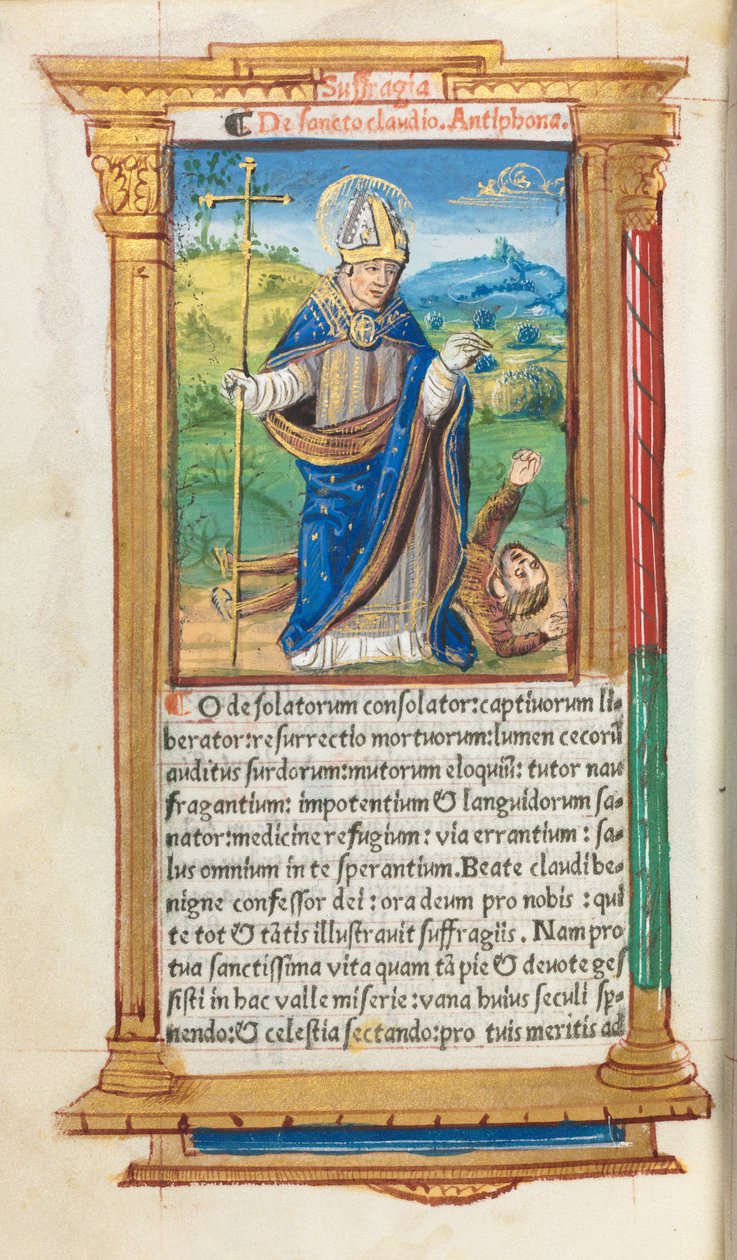 Tryckt timbok Användning av Rom: fol. 105v, St. Claude som biskop, 1510. av Guillaume Le Rouge