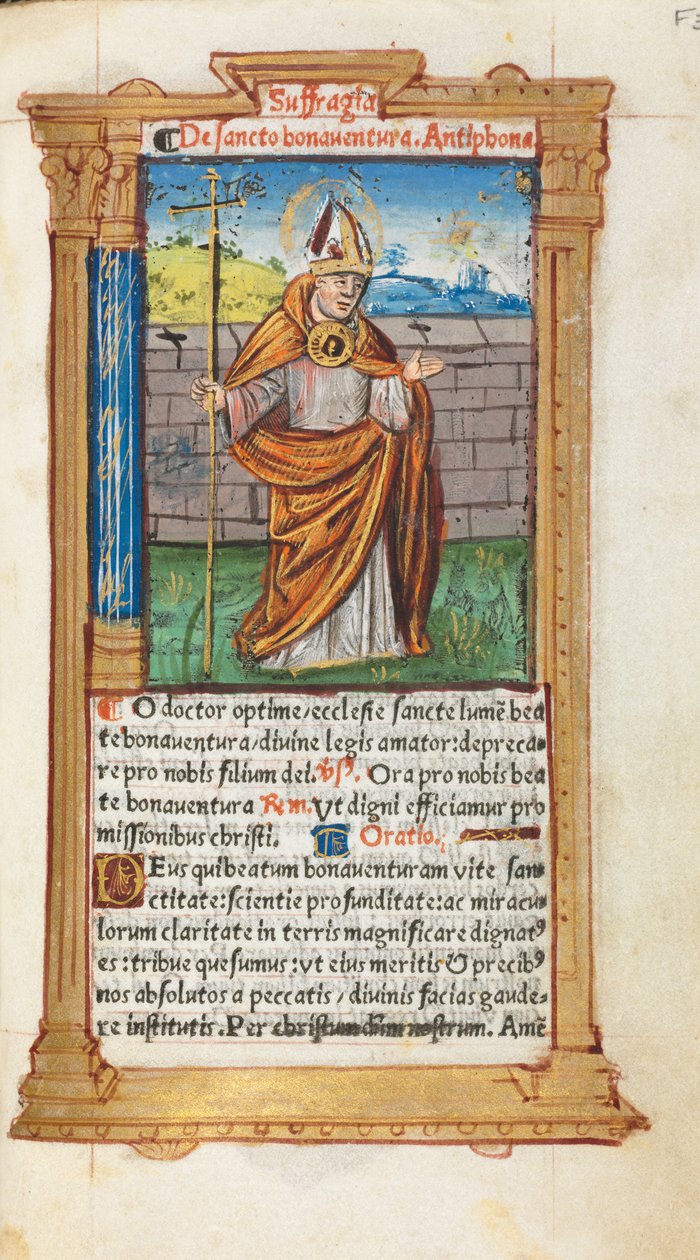 Tryckt timbok Användning av Rom: fol. 107r, St. Bonaventura, 1510. av Guillaume Le Rouge