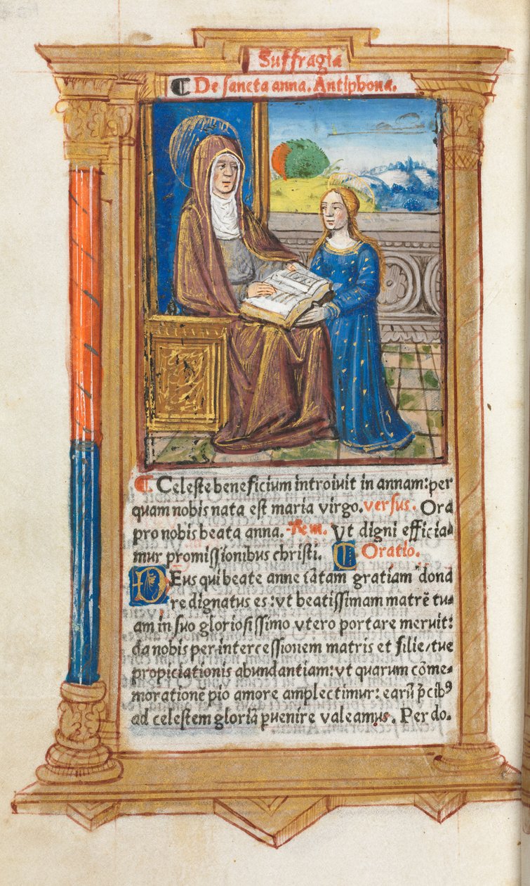 Tryckt timbok Användning av Rom: fol. 108v, St. Anne och Jungfru Maria, 1510. av Guillaume Le Rouge