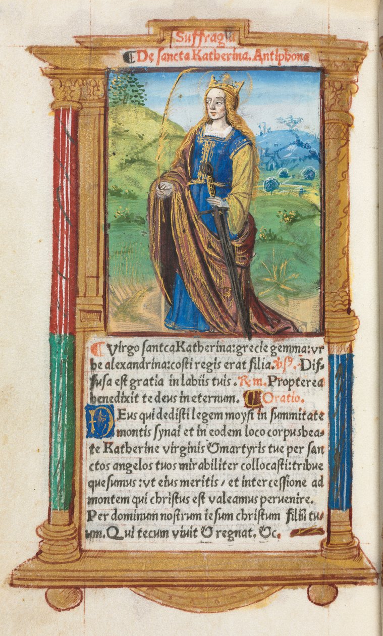 Tryckt timbok Användning av Rom: fol. 109v, St. Catherine, 1510. av Guillaume Le Rouge