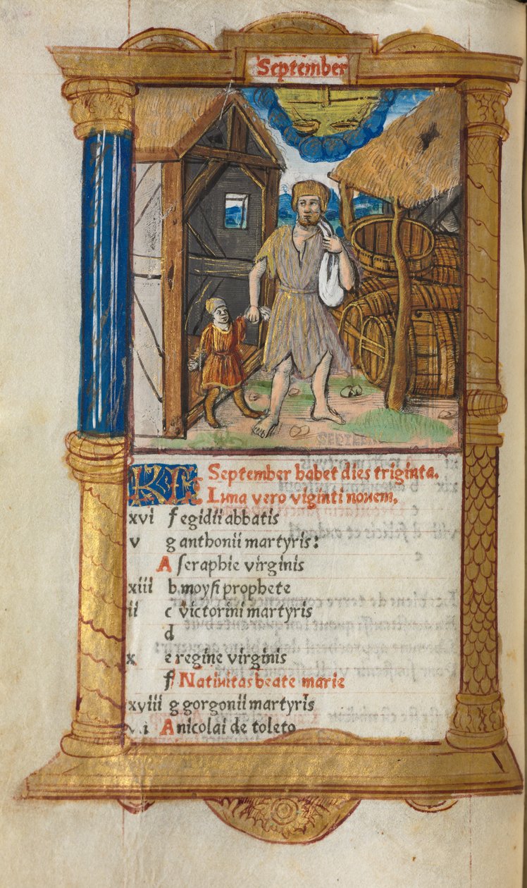 Tryckt timbok Användning av Rom: fol. 10v, septemberkalenderillustration, 1510. av Guillaume Le Rouge