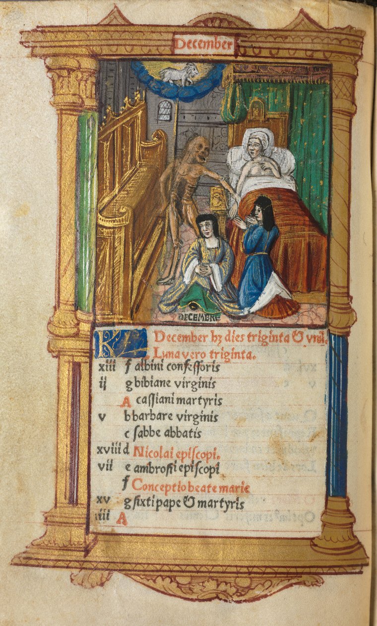 Tryckt timbok Användning av Rom: fol. 13v, December kalendersida, 1510. av Guillaume Le Rouge