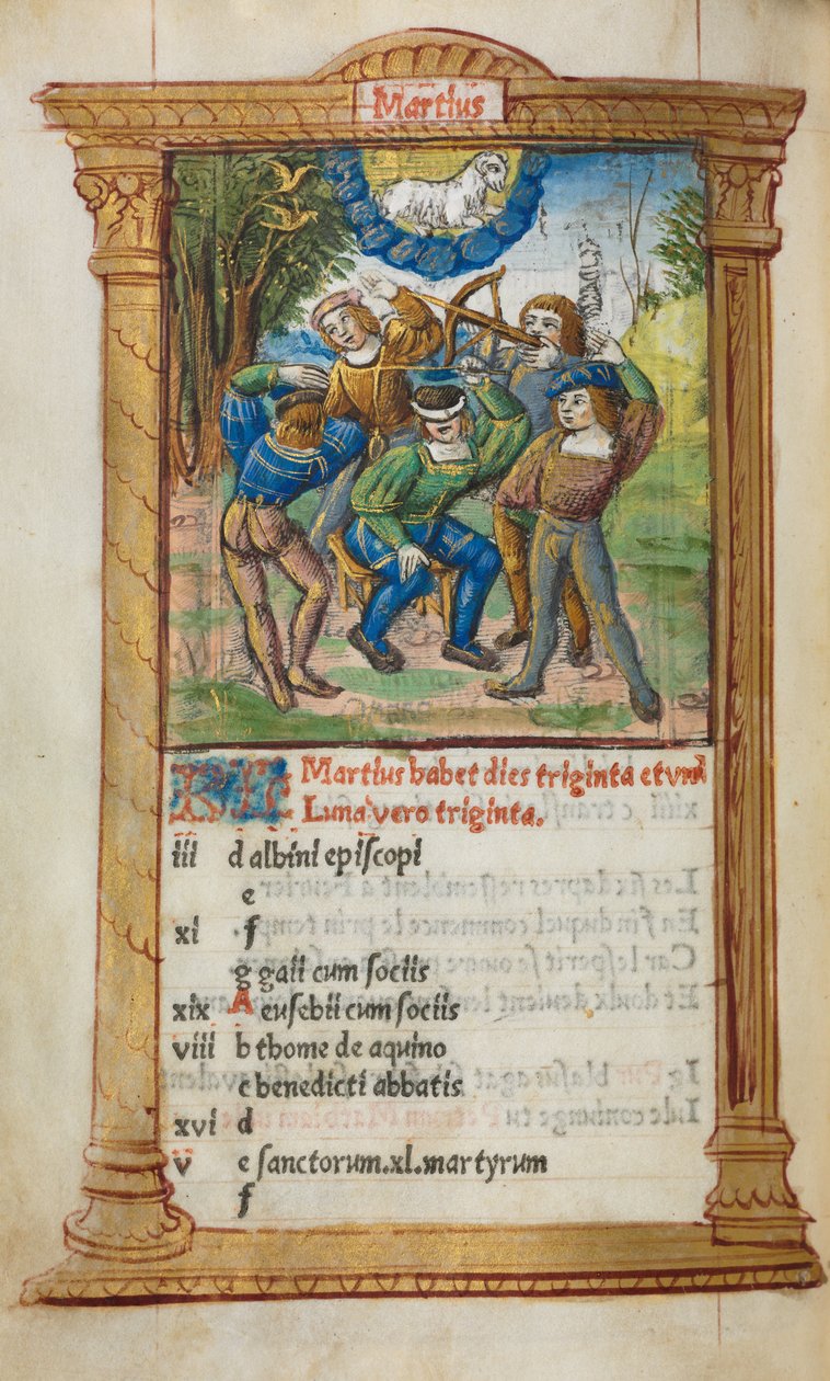 Tryckt timbok Användning av Rom: fol. 4v, mars kalenderillustration, 1510. av Guillaume Le Rouge