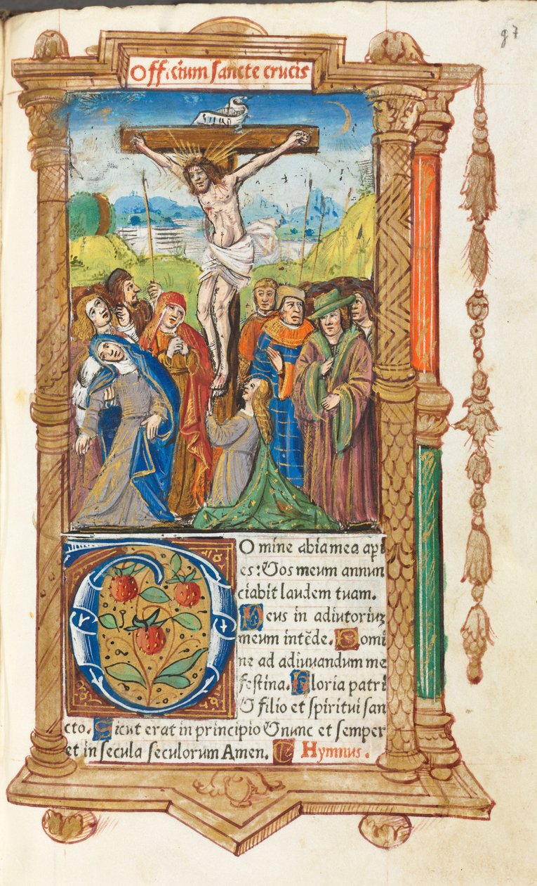Tryckt timbok Användning av Rom: fol. 55r, Korsfästelsen, 1510. av Guillaume Le Rouge