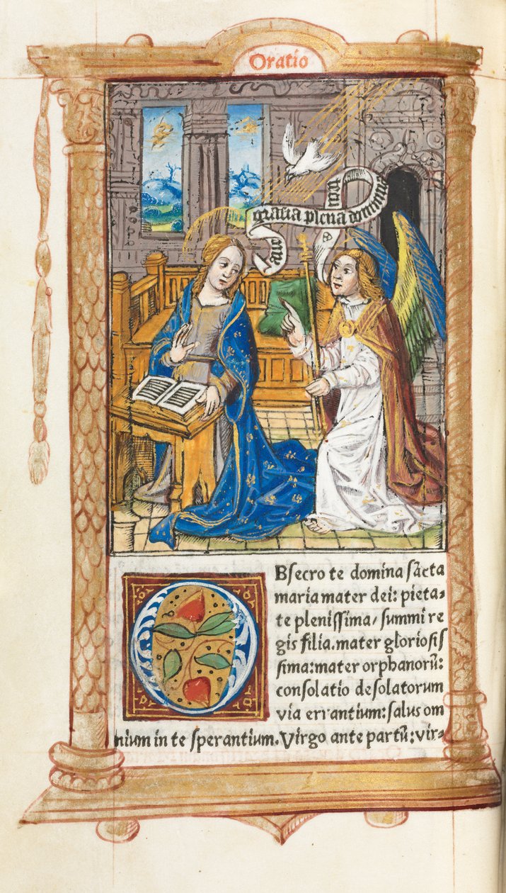 Tryckt timbok Användning av Rom: fol. 60v, Bebådelsen, 1510. av Guillaume Le Rouge