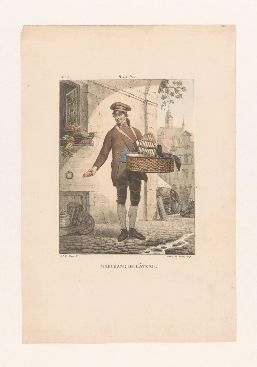 Konditorivaror i Bryssel Bryssel (titel på objekt) Marchand de Gâteau (titel på objekt) Olika kostymer i Förenade kungariket Nederländerna (serietitel) Costumes du peuple de toutes les provinces du royaume des Pays-Bas (se av Guillaume Philidor Van den Burggraaff