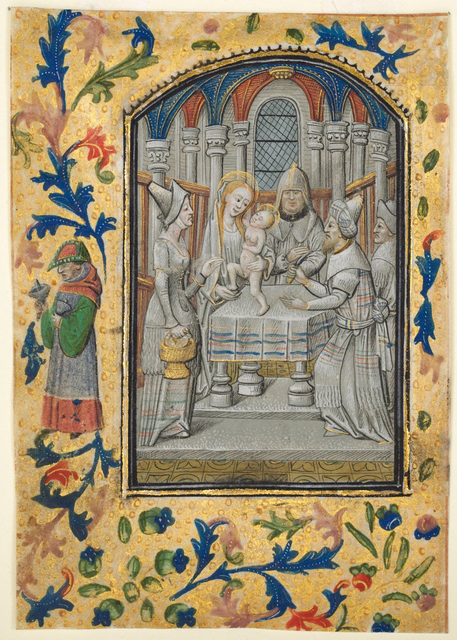 Blad från en timbok: Presentation i templet av Guillaume Vrelant