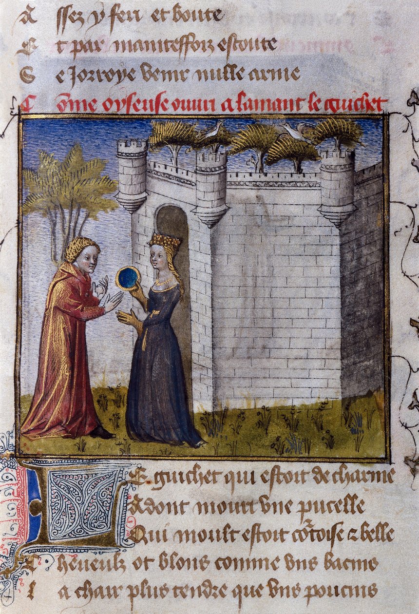 En galant scen mellan två älskare: flickan bjuder in sin älskare att komma in. Miniatyr från "" Le Romanesque de la Rose "" av Guillaume de Lorris av Guillaume de Lorris