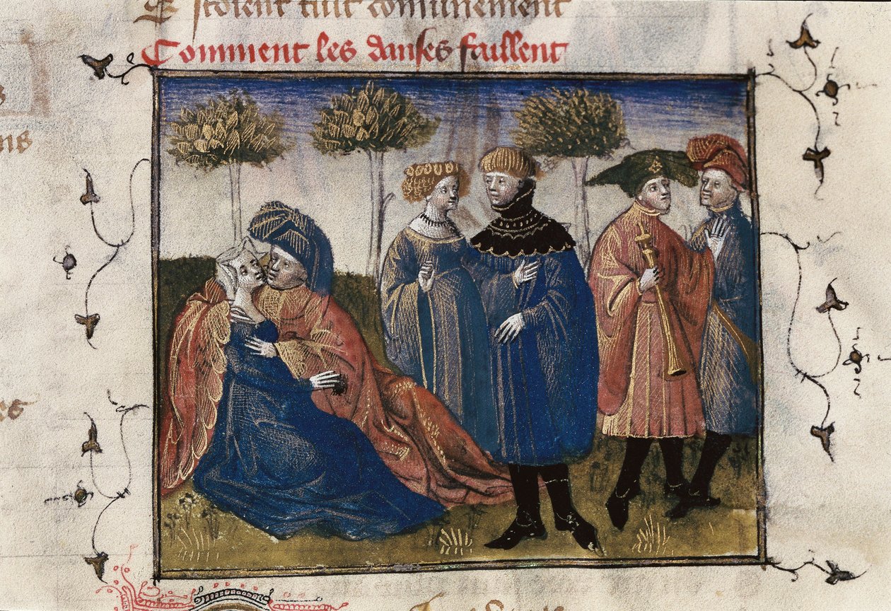 En galant scen av hovmän, miniatyr i "Roman de la Rose" av Guillaume Lorris av Guillaume de Lorris