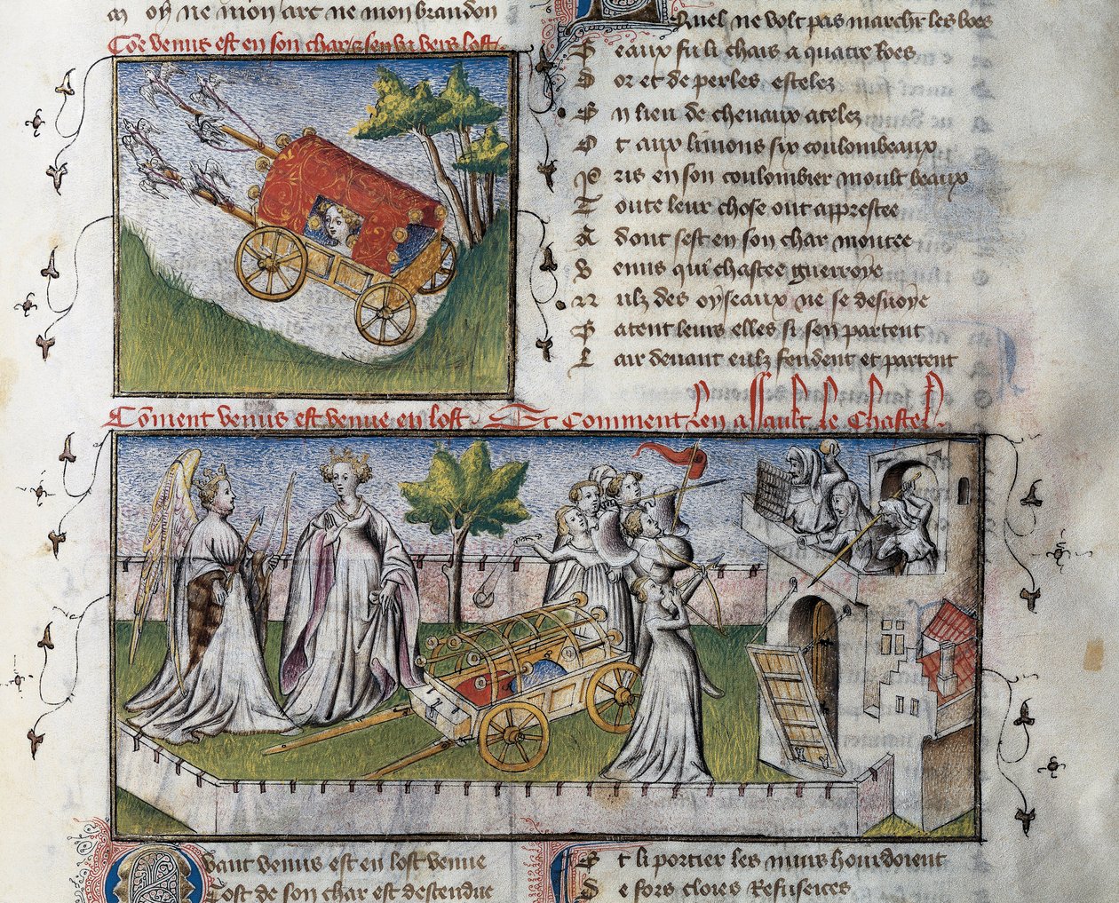Hur Venus anländer och stormade slottet byggt av svartsjuka, Miniatyr av Guillaume Lorris från manuskriptet Le Romanesque de la Rose, av Guillaume de Lorris