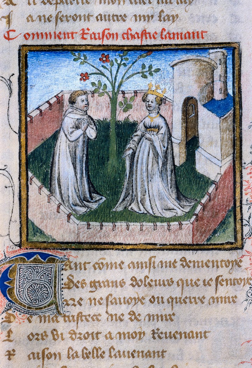 Representation av ett par älskare nära en ros, miniatyr i "Roman de la Rose" av Guillaume de Lorris