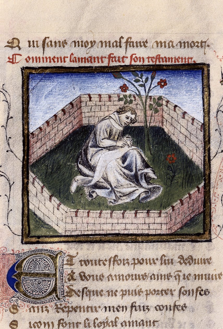 Representation av en förälskad ung pojke i njutningens trädgård som upptäcker fontänen Narcissus, miniatyr i "Roman de la Rose" av Guillaume Lorris av Guillaume de Lorris