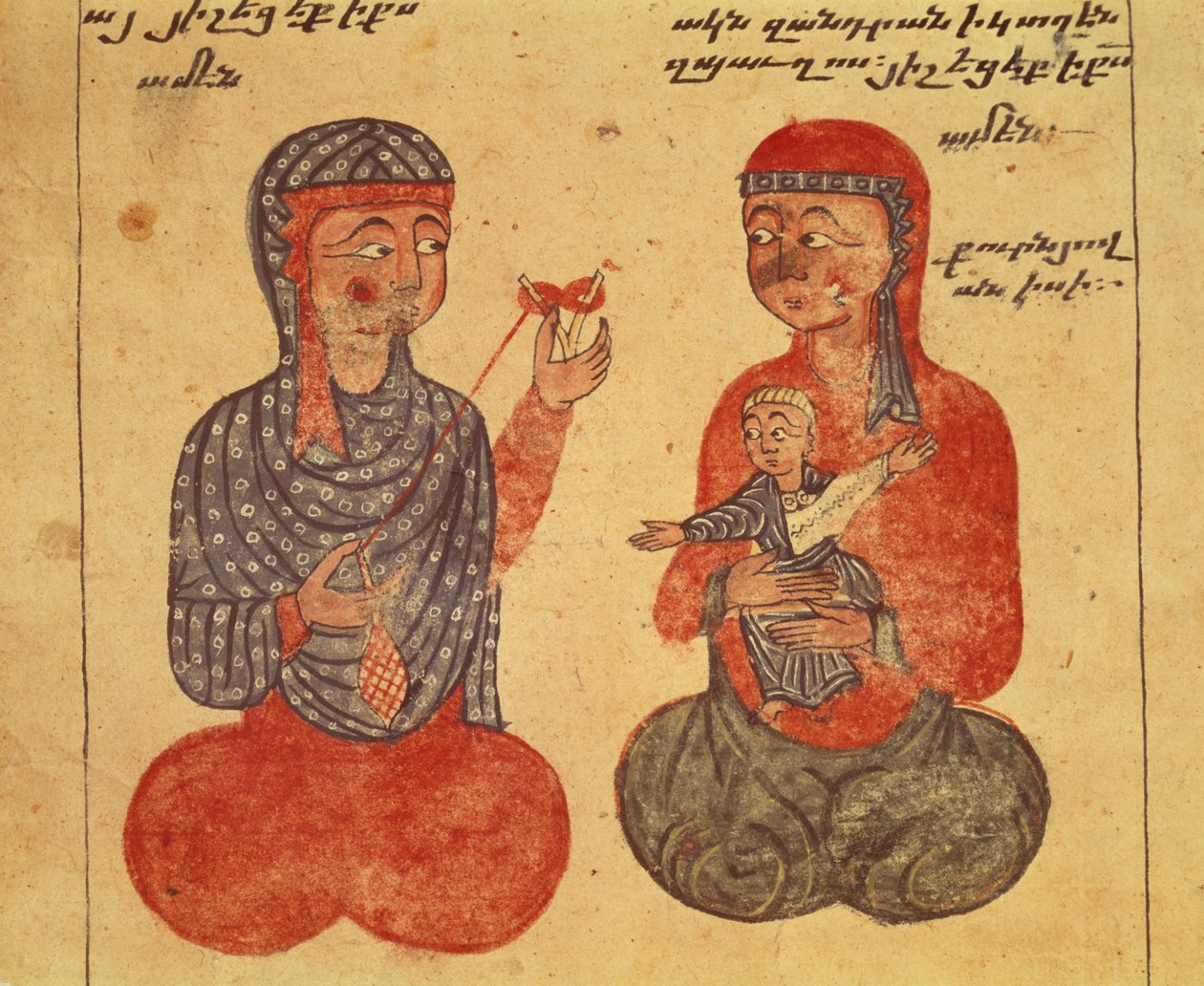 Ms 481 fol.10r Ovanes syster och hennes efterföljare spinner ull, från ett evangelium av Guirages