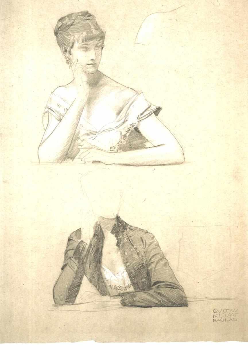  Two studies to a young woman sitting on a tablenDeutsch: Zwei Studien zu einer am Tisch sitzenden jungen Fraun av Gustav Klimt