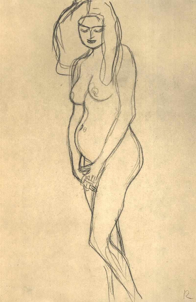 Akt einer Schwangeren nach links av Gustav Klimt