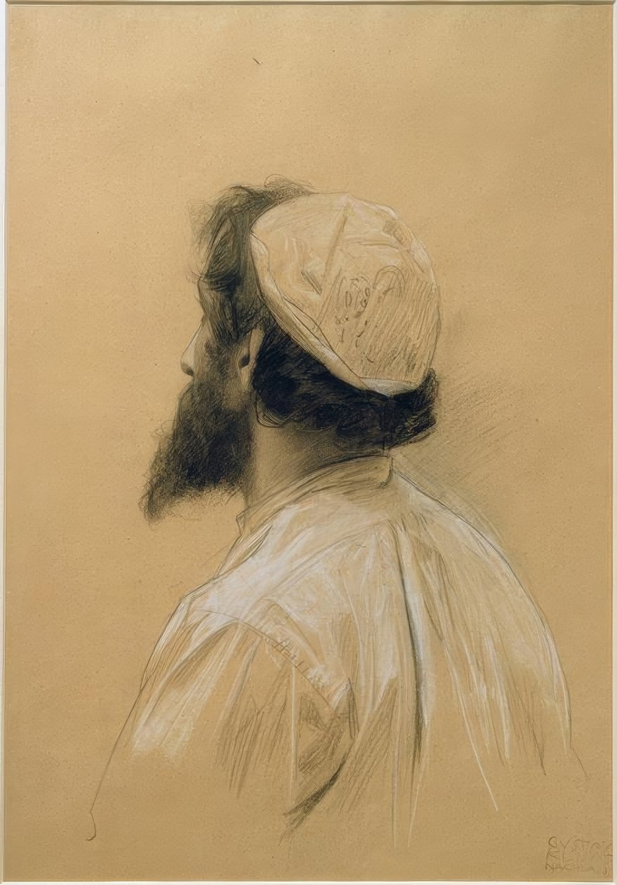 Skäggig yngre man med keps i förlorad profil.... av Gustav Klimt