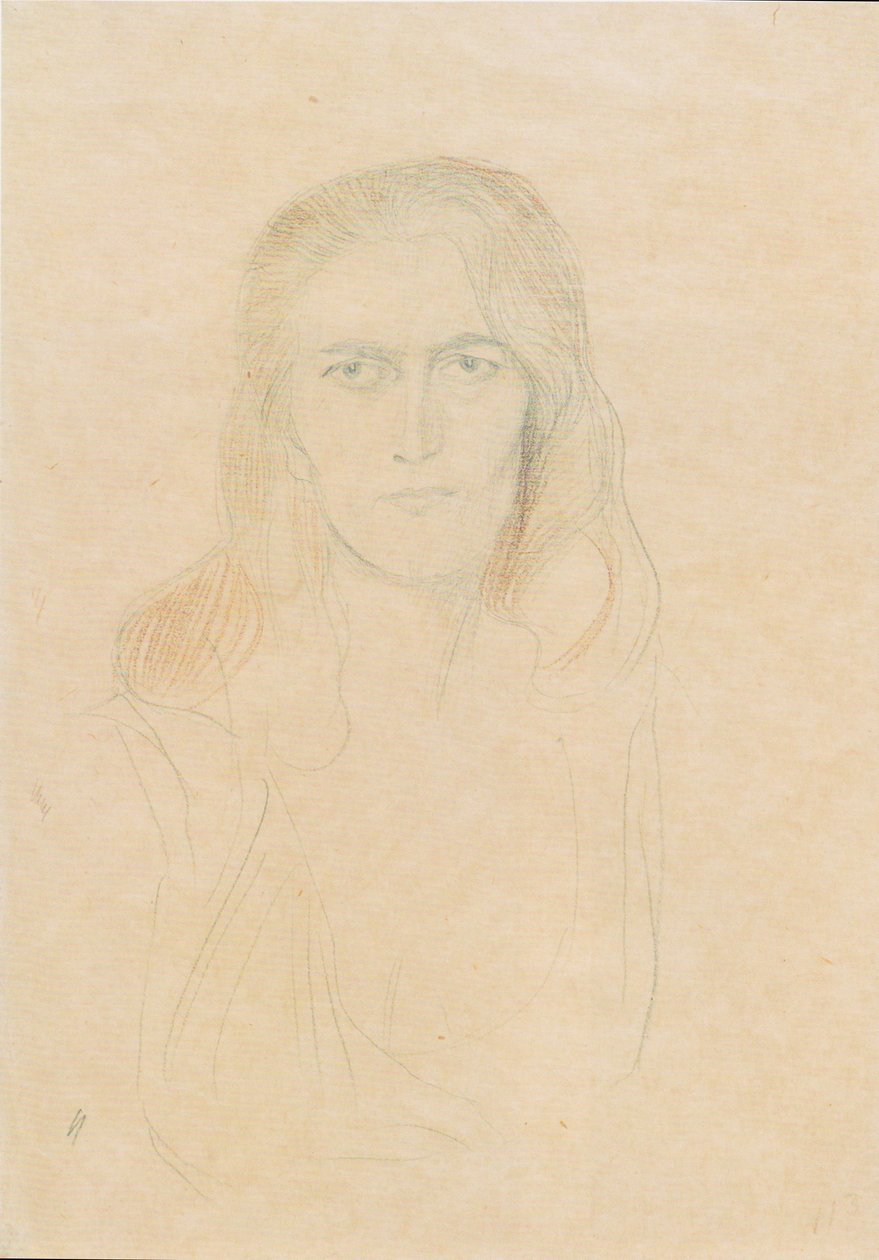 Halvlångt porträtt av en kvinna framifrån (Erinnye) av Gustav Klimt