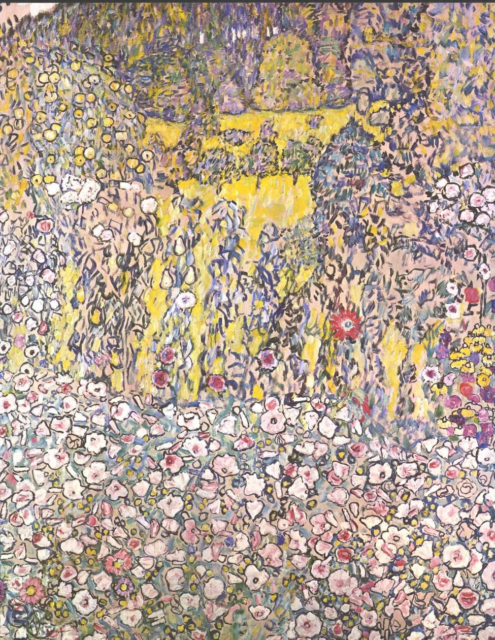 Trädgårdslandskap med bergstopp av Gustav Klimt