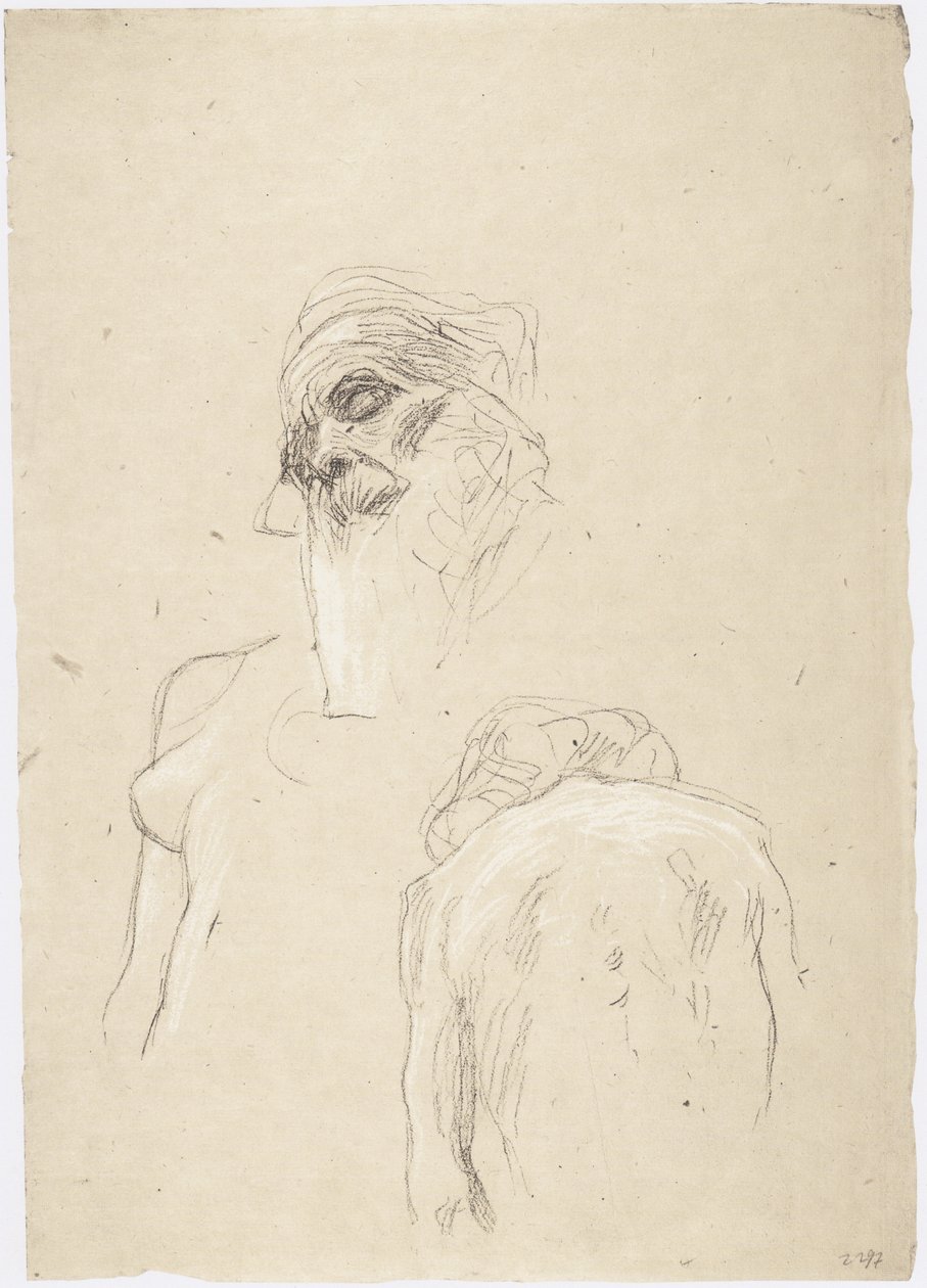 Greisenhaupt, sitzender weiblicher Rückenakt, rechte Seite eines weiblichen Oberkörpers av Gustav Klimt