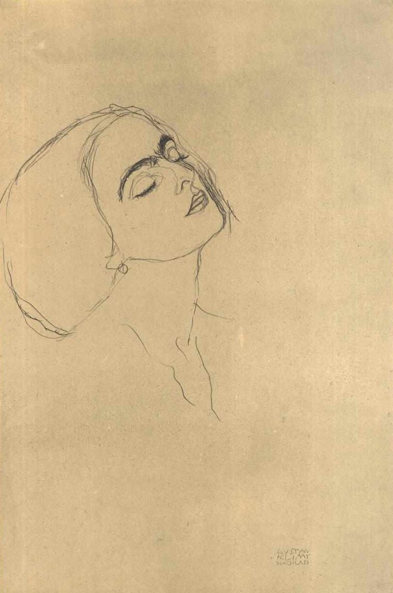Kopfstudie mit geschlossenen Augen nach rechts av Gustav Klimt