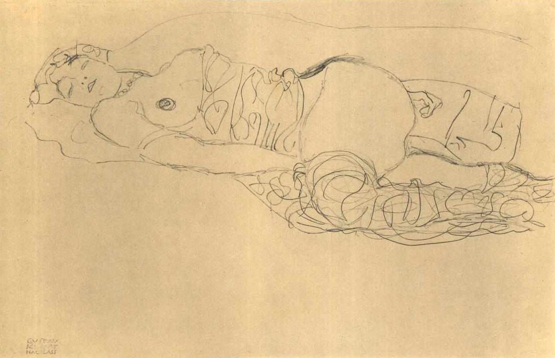 Liegender Halbtakt nach links mit angezogenen Schenkel av Gustav Klimt