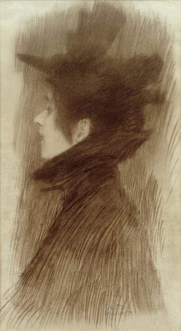 Tjej med hatt och cape i profil av Gustav Klimt