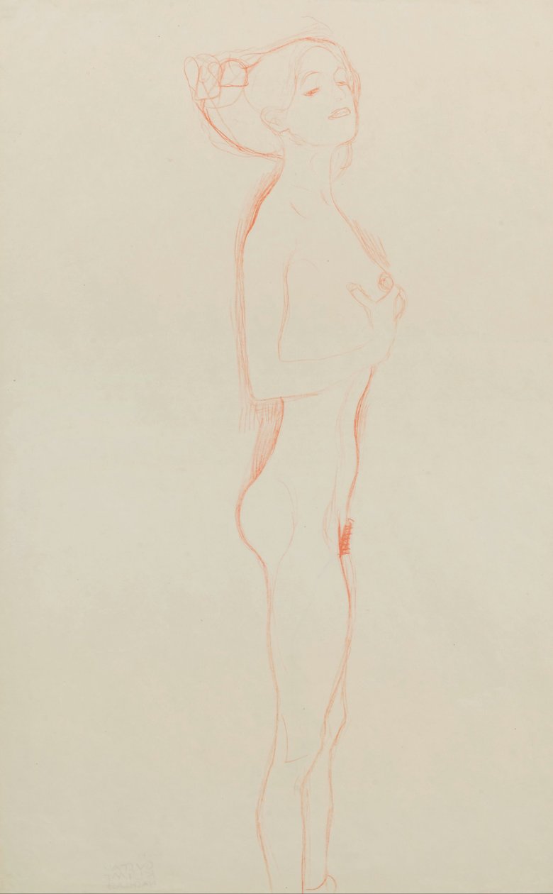 Naked Girl Standing, with Right Hand to Breast av Gustav Klimt