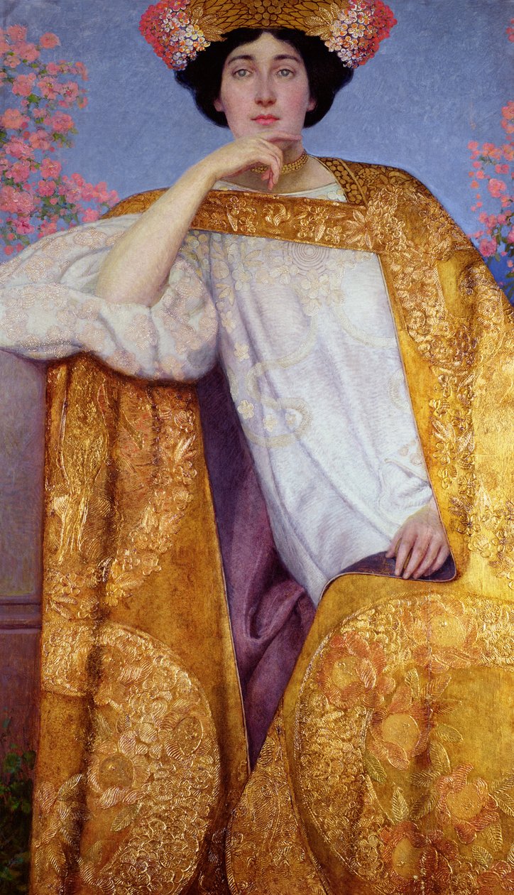 Porträtt av en kvinna i en gyllene klänning, målat i samarbete med Ernst Klimt (1864-92) Franz Matsch (1861-1942) och hans ateljé, 1886-87 av Gustav Klimt