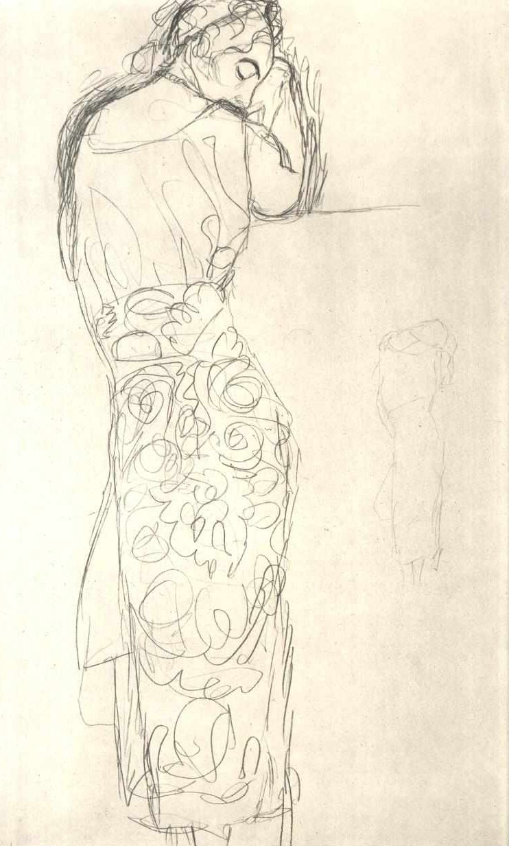 Rückenansicht einer stehenden Frau im gemustertem Rock av Gustav Klimt