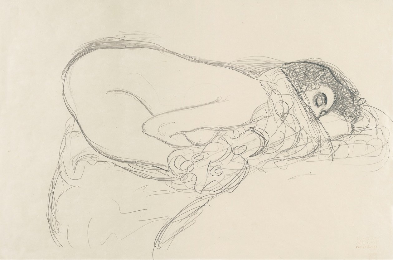 Semi-Nude leaning forward (Preparatory Work for the Painting Leda) av Gustav Klimt