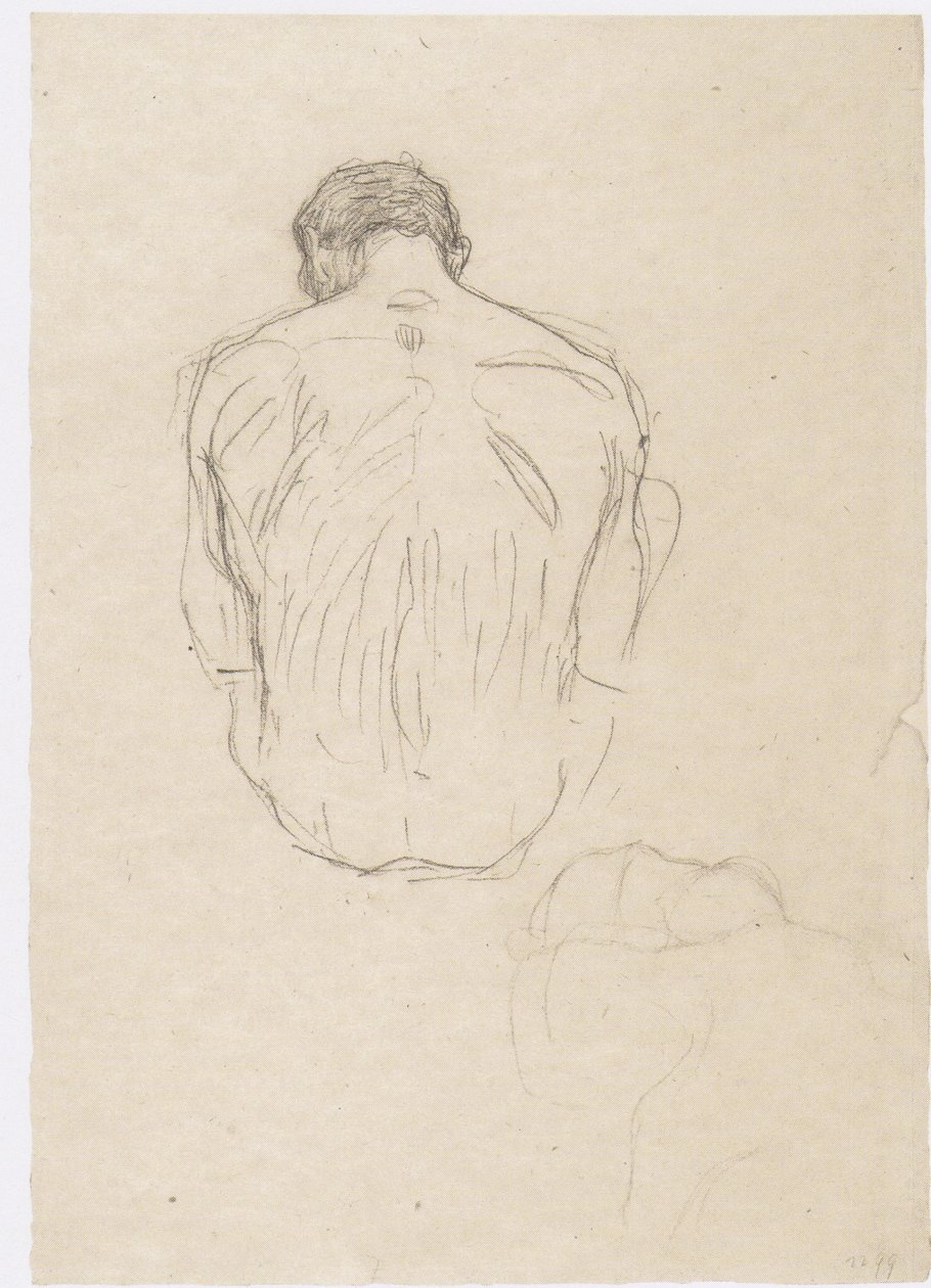 Sittande manlig naken bakifrån och skiss för "brottningen" av Gustav Klimt
