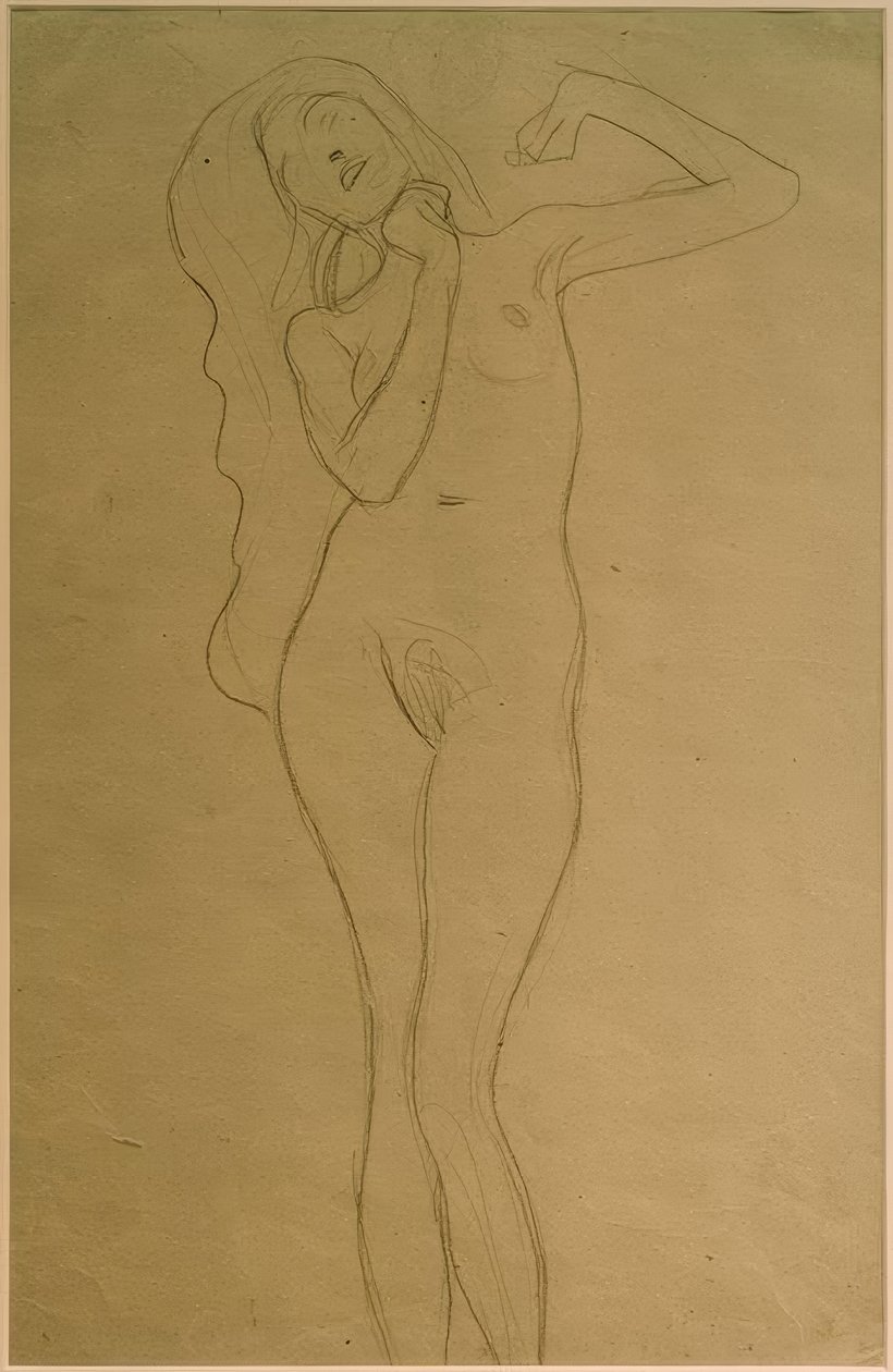 Stående kvinnlig naken med armarna upphöjda (studie) av Gustav Klimt