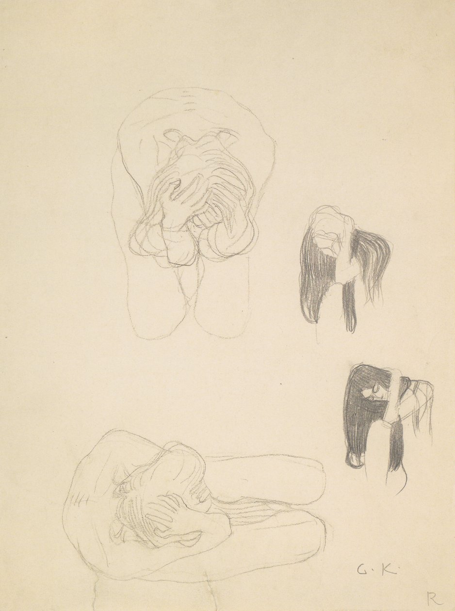 Två hukande nakenbilder och två profilstudier till vänster av Gustav Klimt