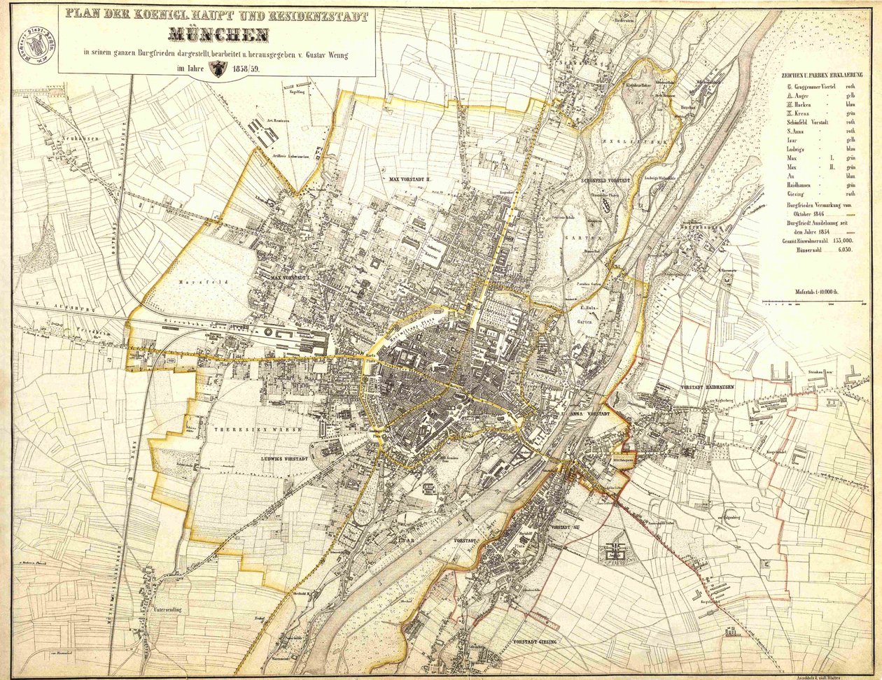 Plan der königlichen Haupt- und Residenzstadt München in seinem ganzen Burgfrieden dargestellt av Gustav Wenng
