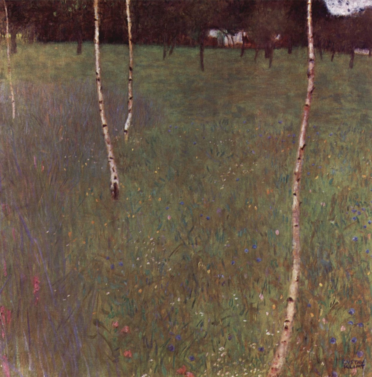 Gårdsbyggnad med björkar av Gustav Klimt