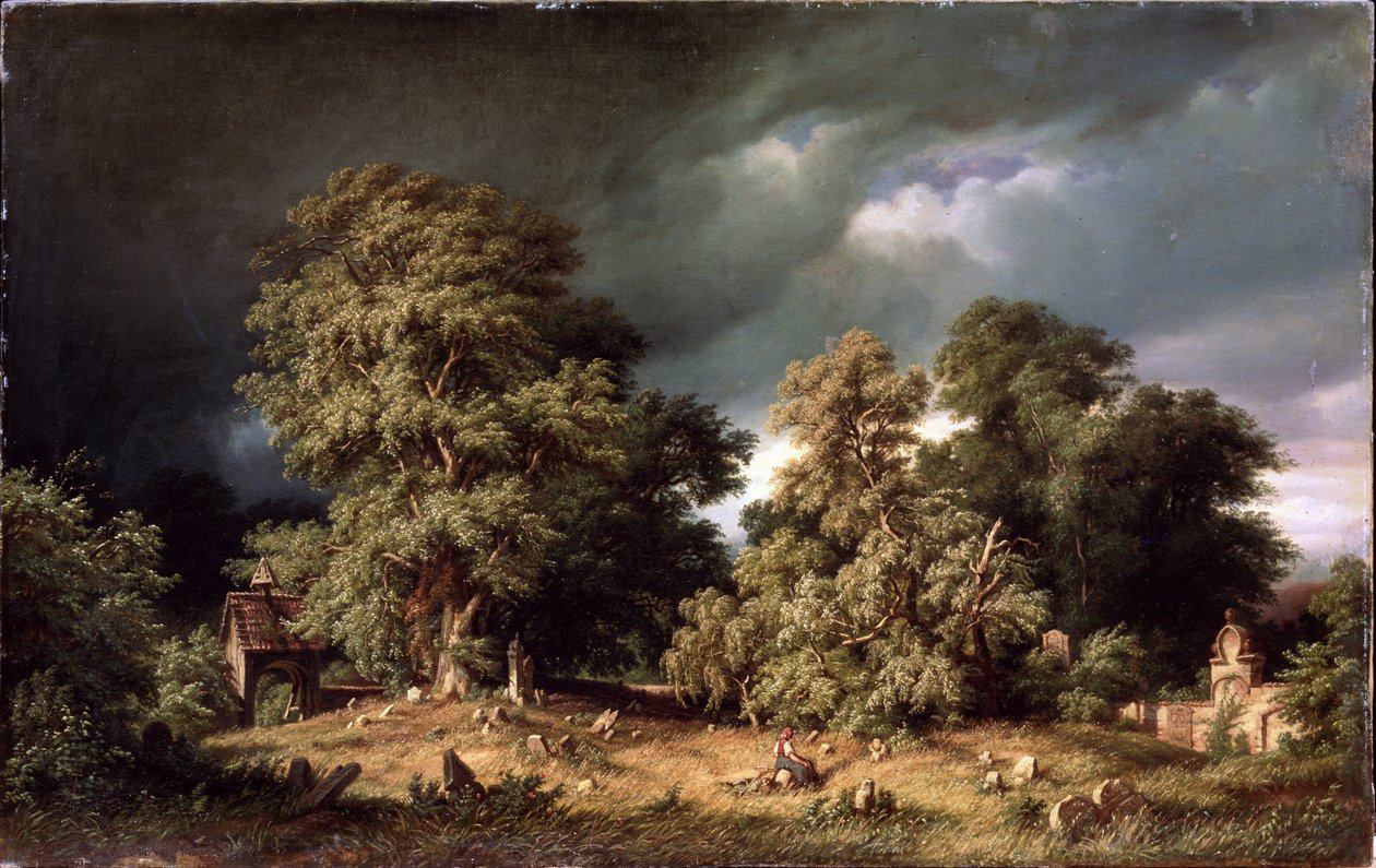 Gamla kyrkogården. En kvinna sitter ensam på en avskild kyrkogård på landsbygden när himlen fylls av mörka moln. Målning av Gustav Paul Closs (1840-1870), olja på duk, cirka 1865. Tysk konst, 1800-talslandskap. Herr. av Gustav Adolf Closs