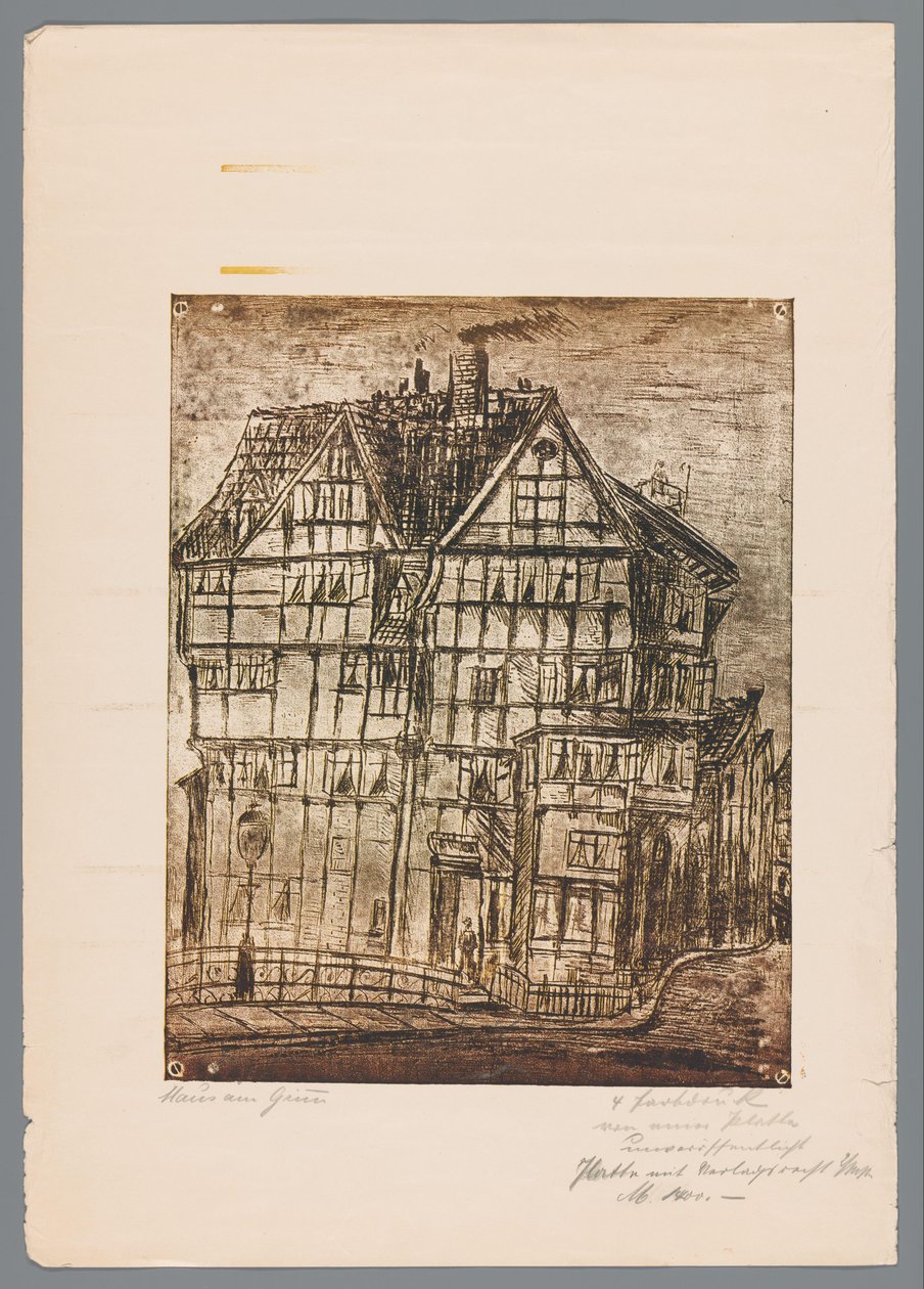 Reproduktion av ett tryck eller teckning med utsikt över ett gammalt hus, möjligen i Greiz i Tyskland av Gustav Digel (signed by artist)